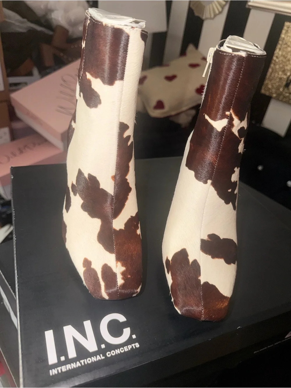 INC International Concepts Brown & Cream Cow-Print Ankle Booties